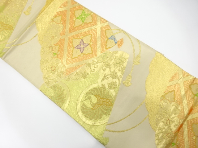 アンティーク　桧扇に鶴・花模様織り出し袋帯（材料）